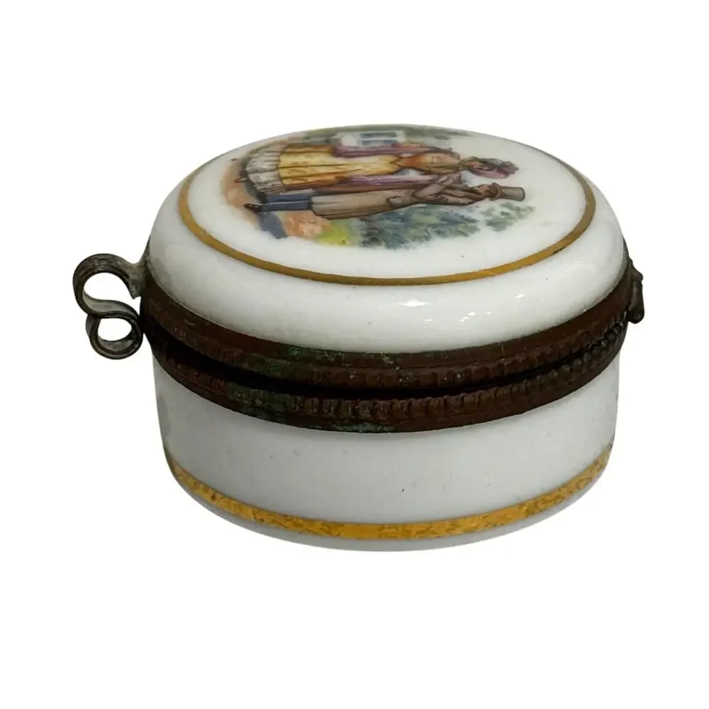Vintage Porcelain trinket pill box round container hinged lid Victorian Couple